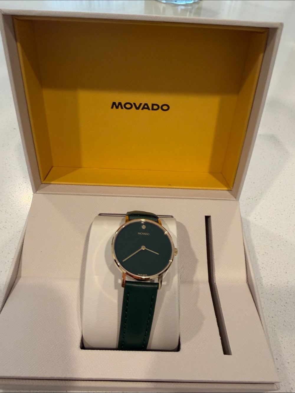 Movado Green Dial with Gold-Tone Case Leather Strap Watch